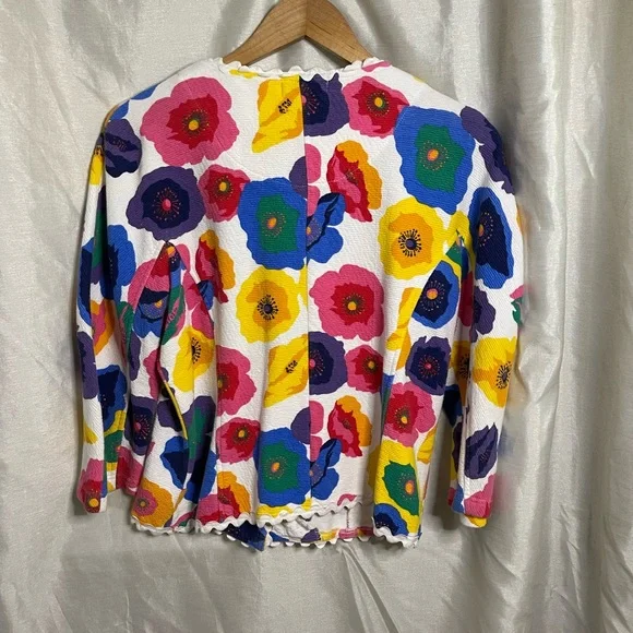 VTG 90’s White Rainbow Floral Print Textured ZigZag Trim Lightweight Shacket - Picture 4 of 4